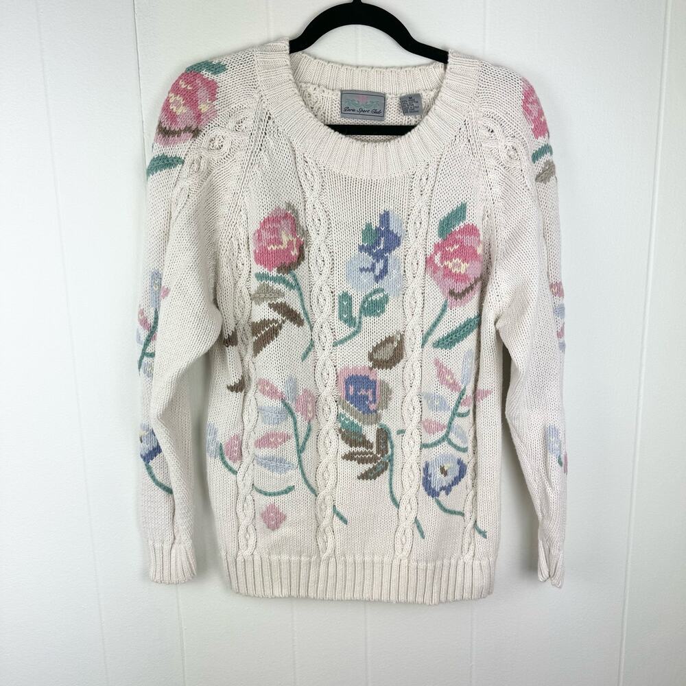 Vintage Paris Sports Club Floral Cable Knit Sweater Size M EUC